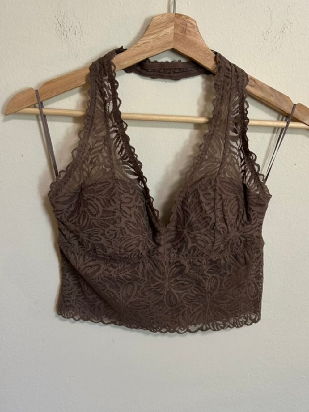 Aerie Firework Lace Padded Bralette Halter Strap Sz M Removable Pads Light Brown
